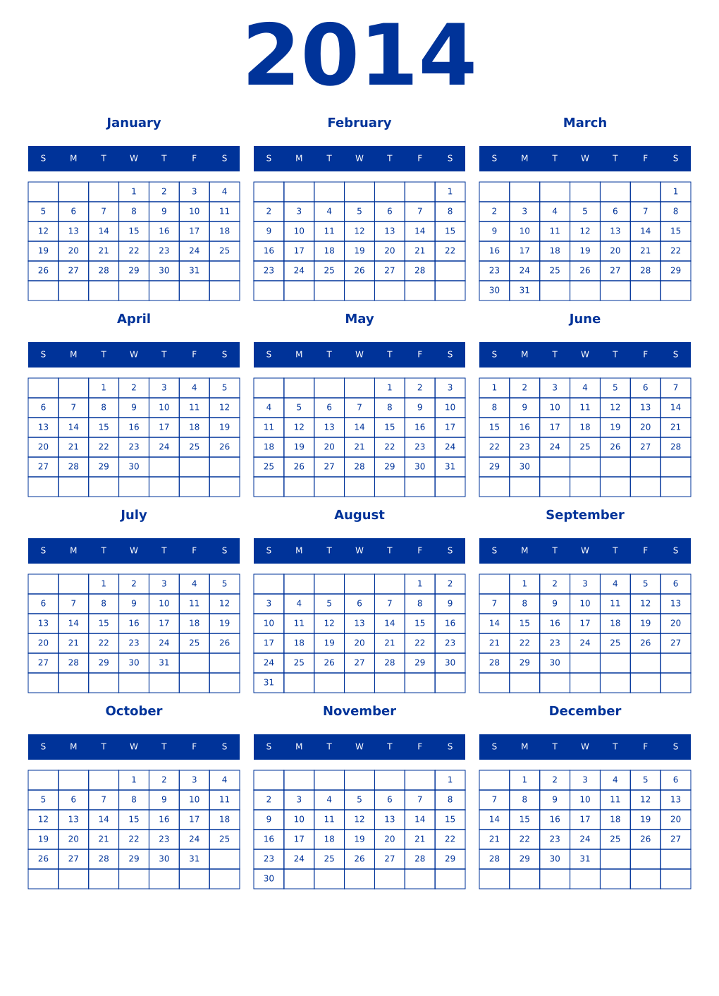 Printable 2014 Year Calendars smalt