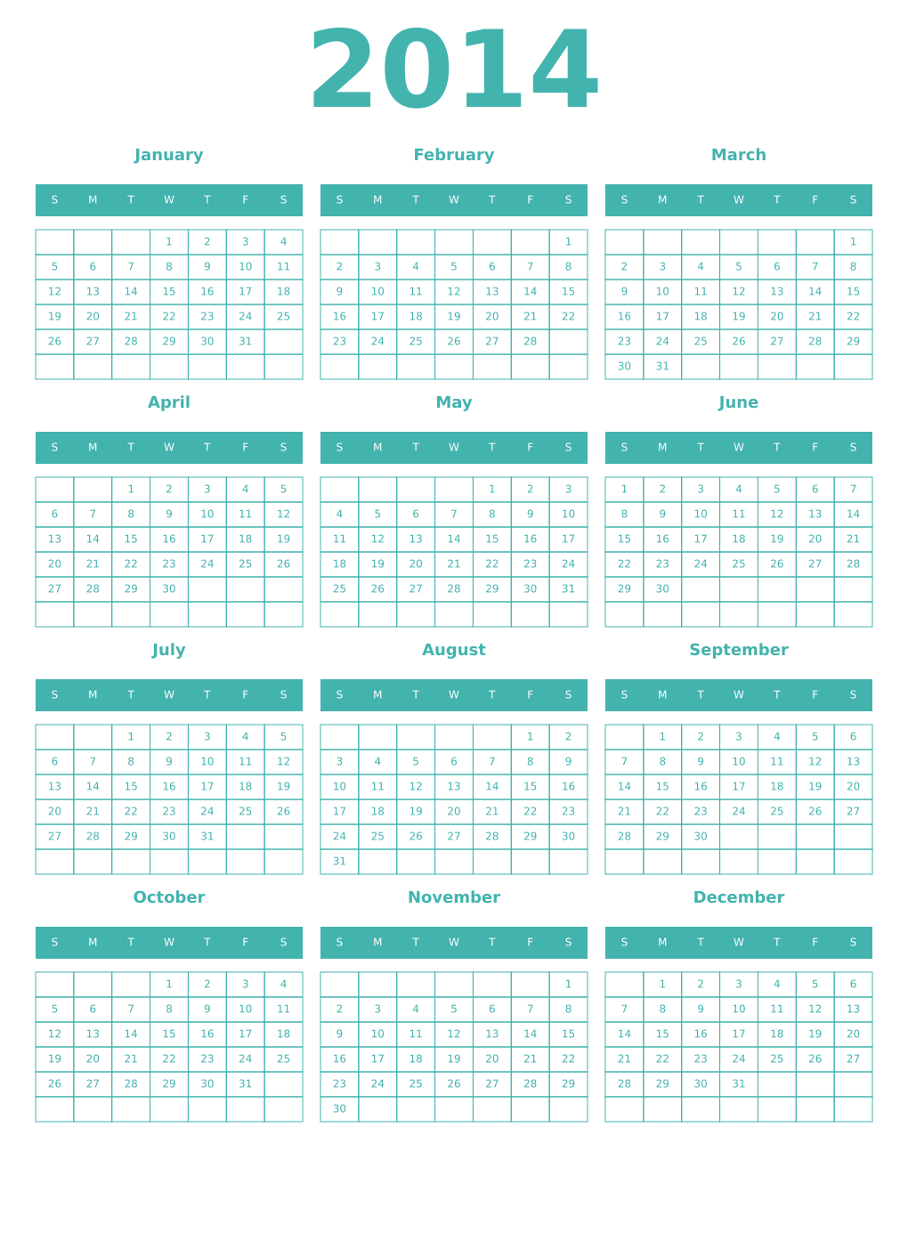 Printable 2014 Year Calendars verdigris