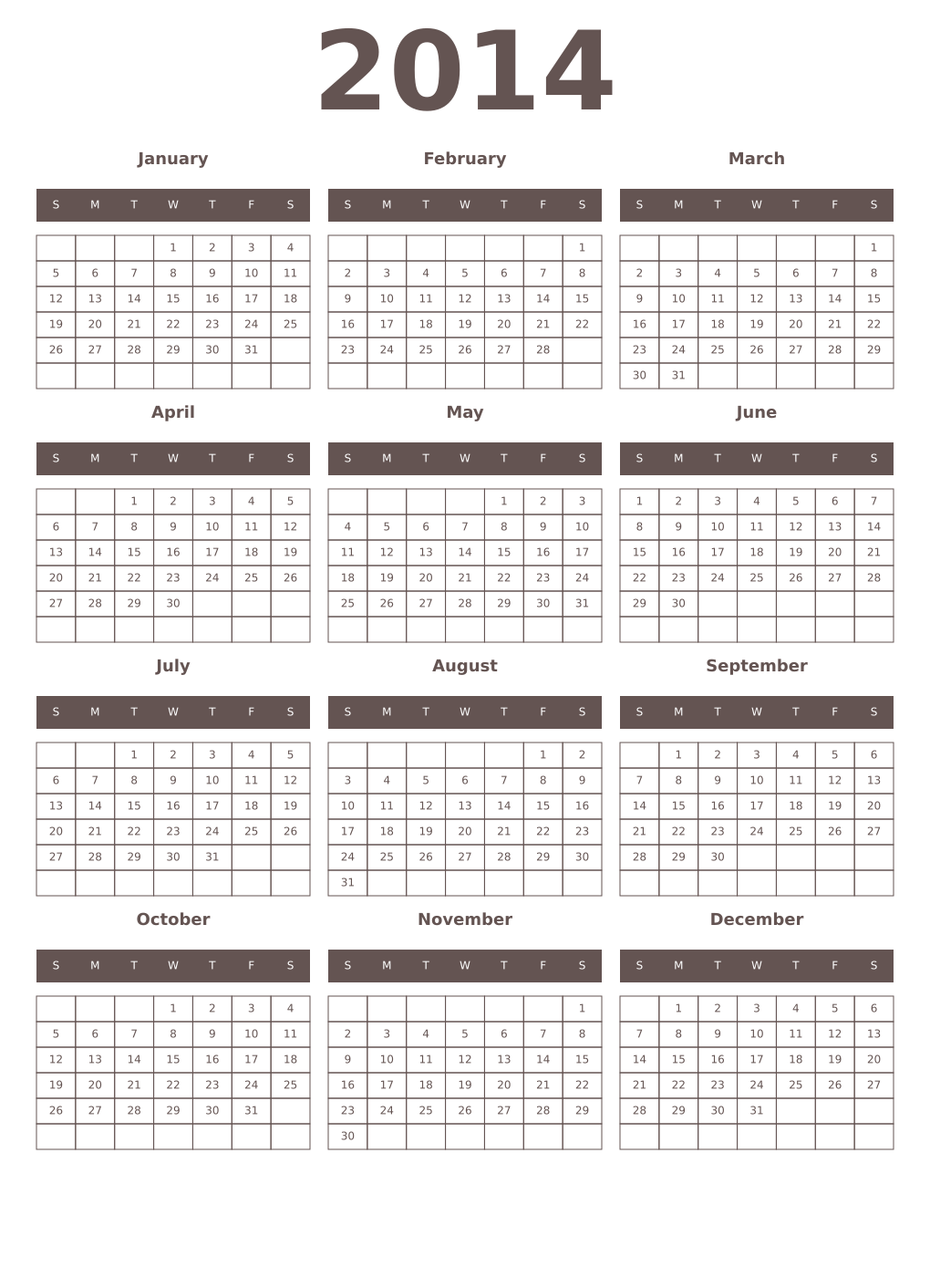 Printable 2014 Year Calendars wenge
