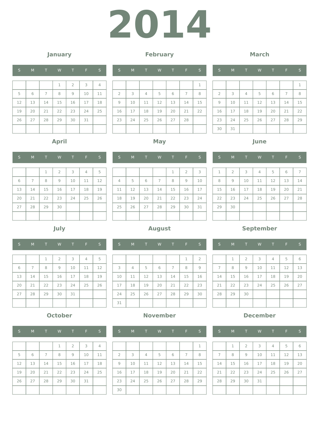 Printable 2014 Year Calendars xanadu