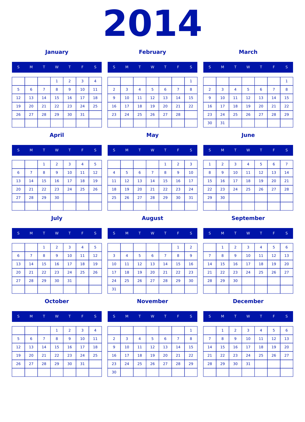 Printable 2014 Year Calendars zaffre