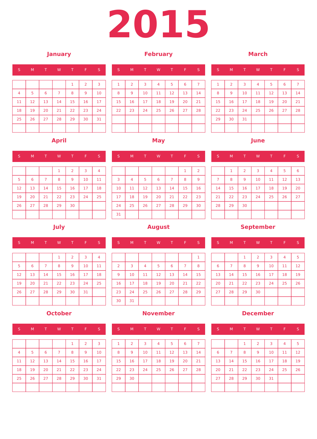 Printable 2015 Year Calendars amaranth