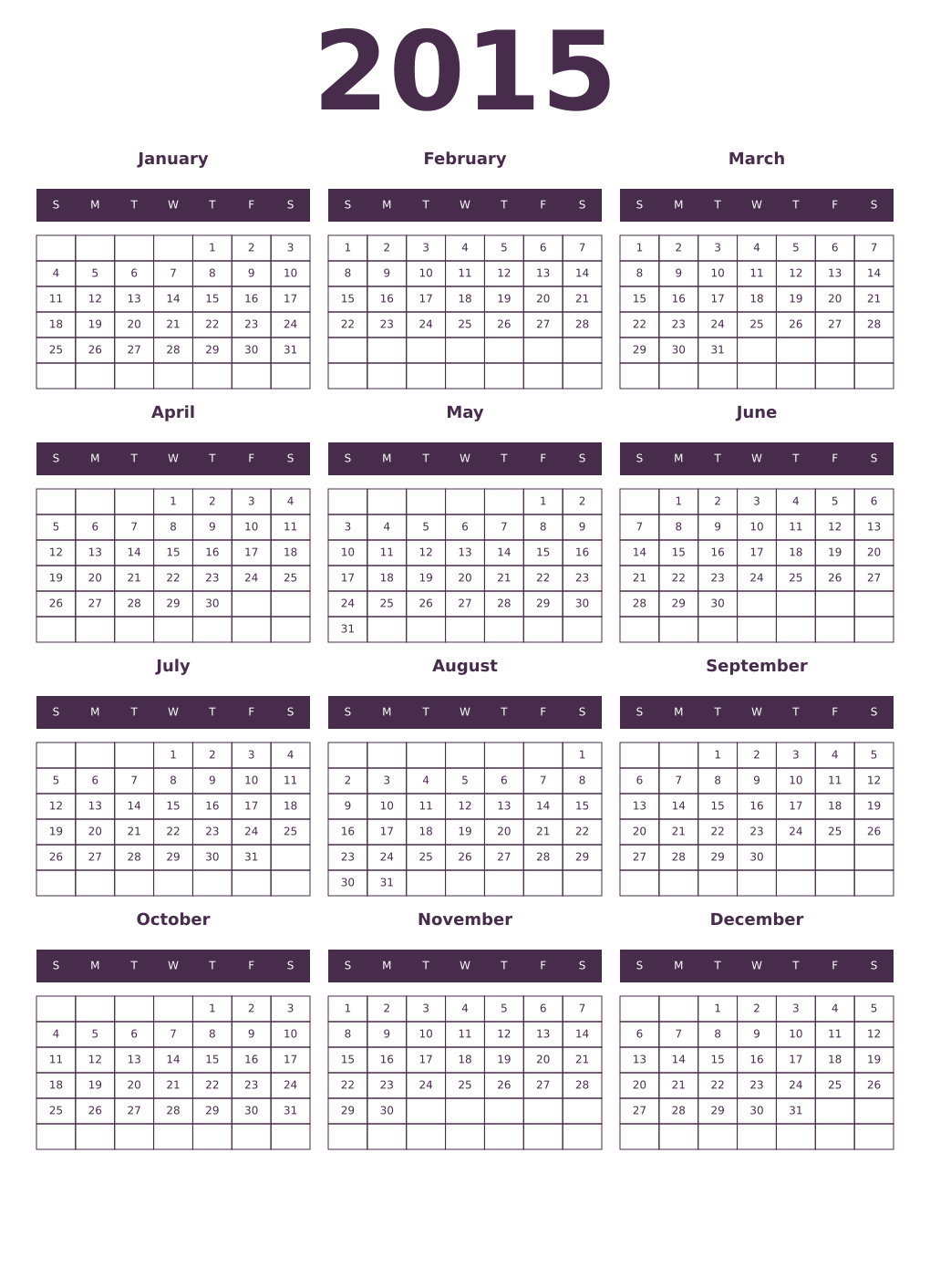 Printable 2015 Year Calendars aubergine