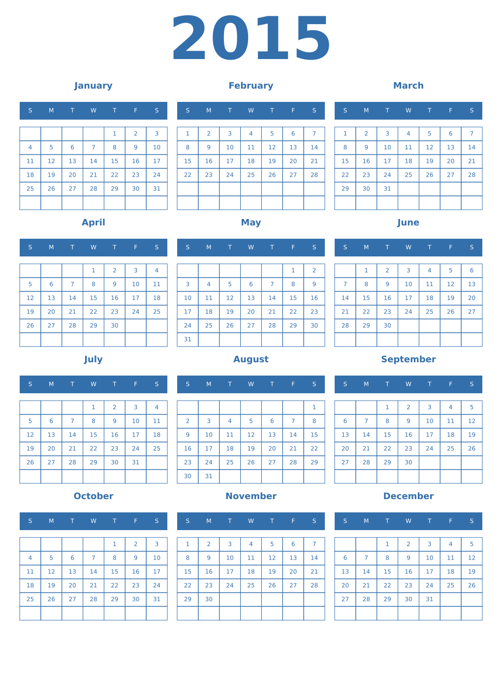 Printable 2015 Year Calendars blue