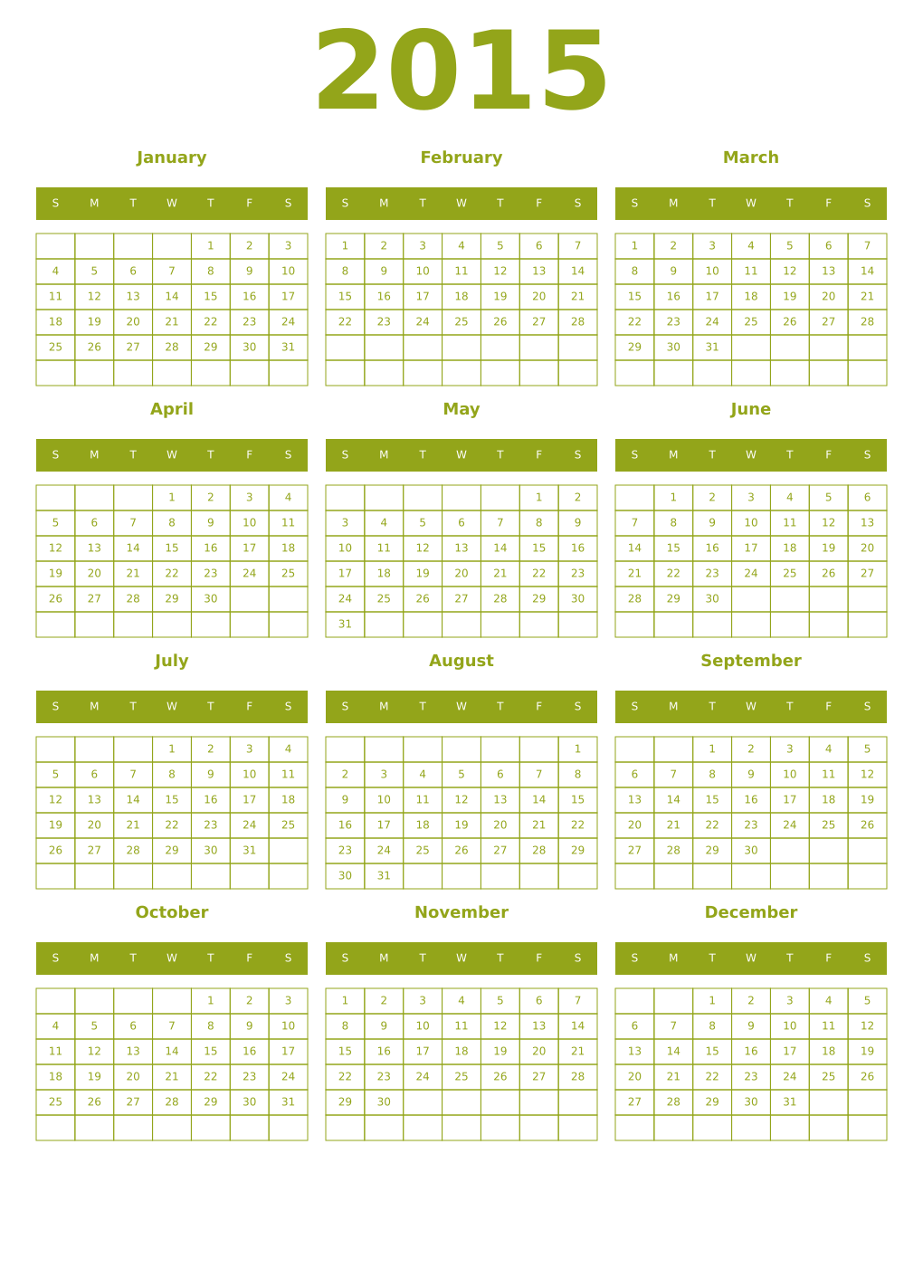 Printable 2015 Year Calendars chartreuse