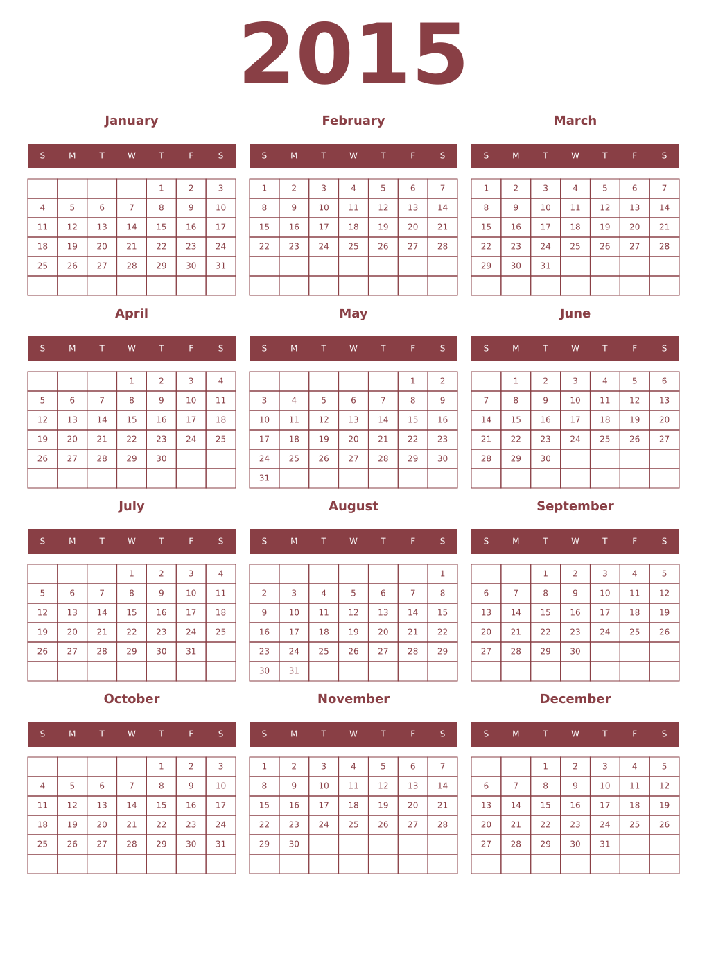 Printable 2015 Year Calendars cordovan