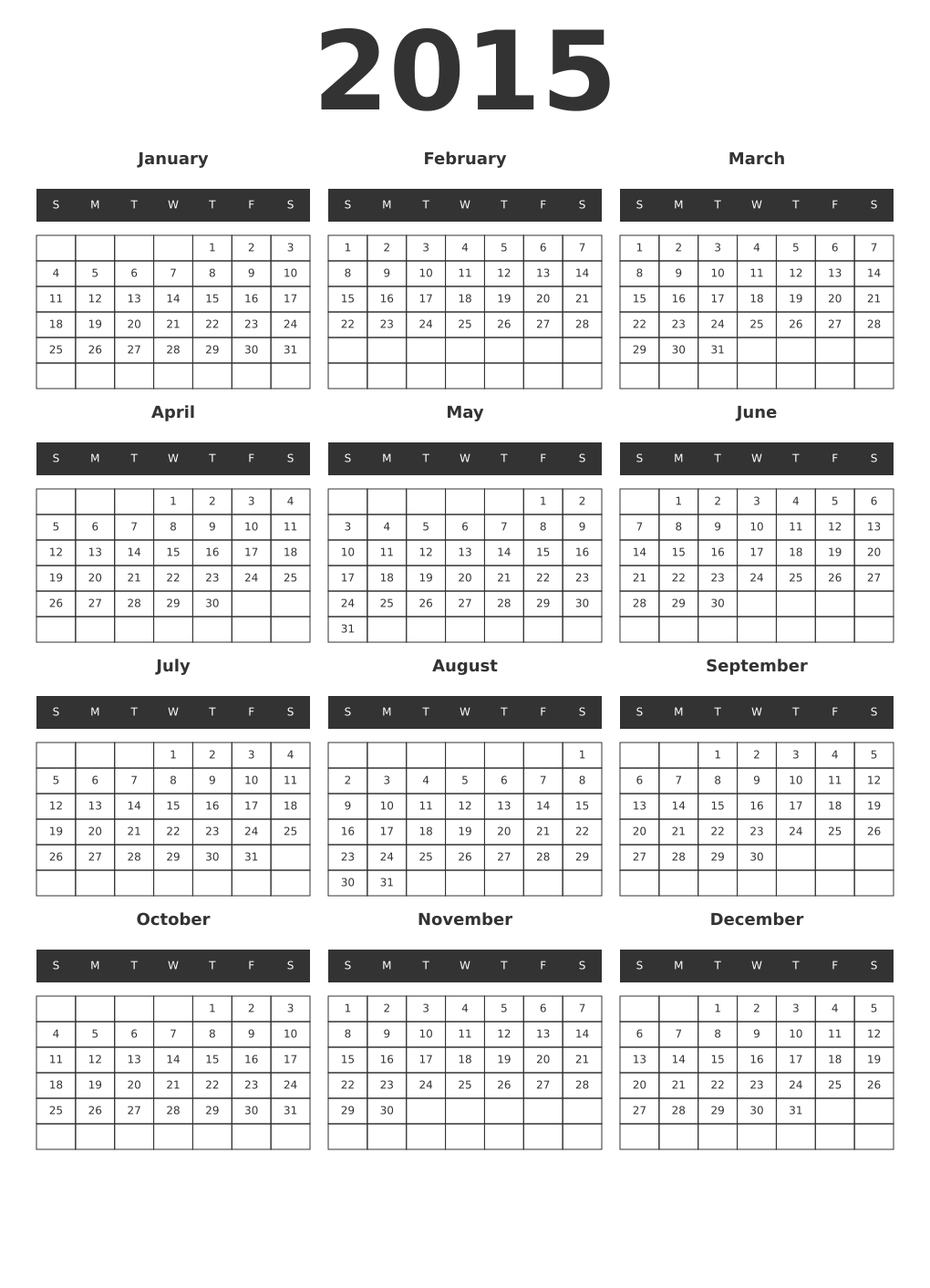 Printable 2015 Year Calendars dark