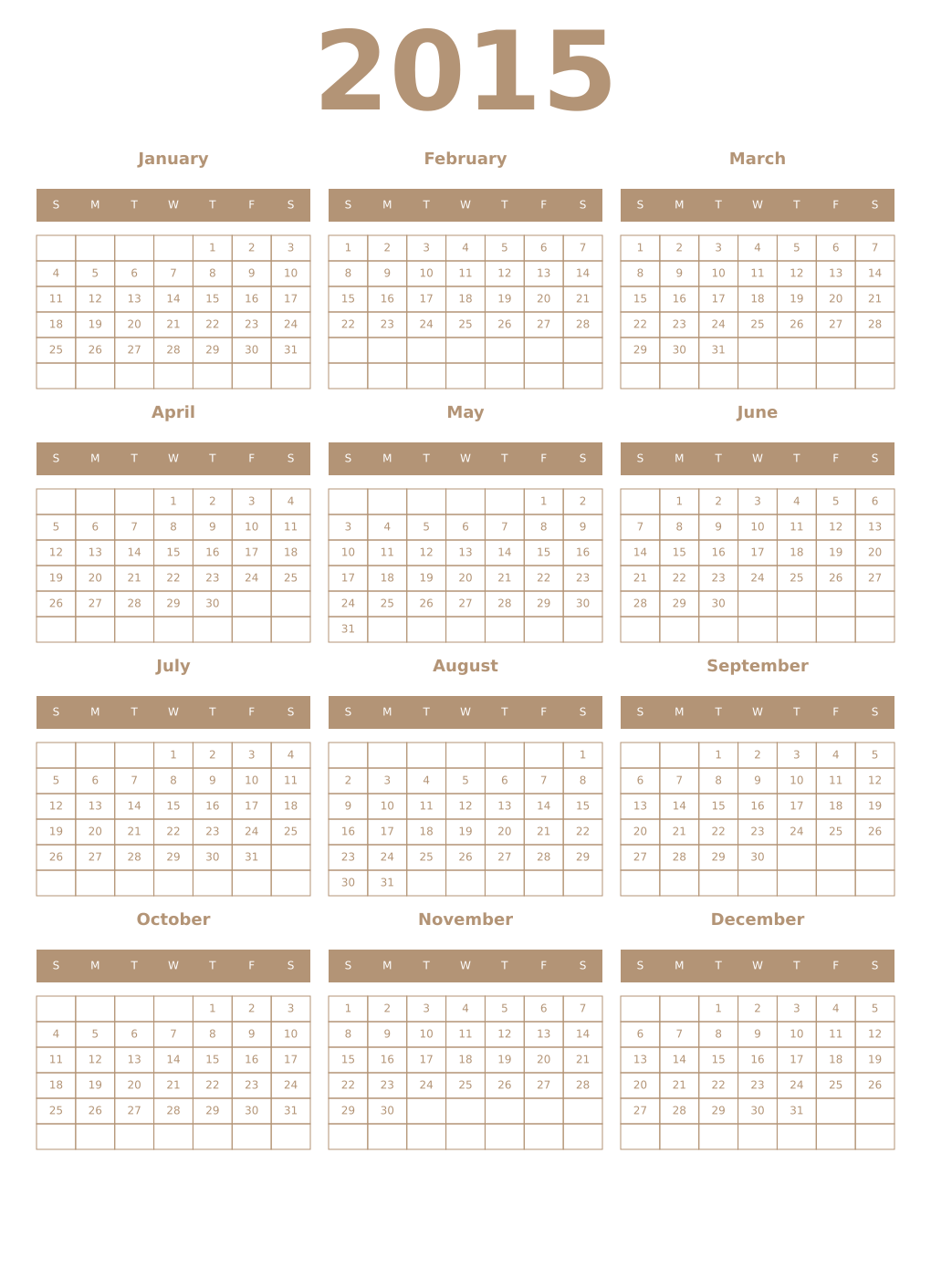 Printable 2015 Year Calendars isabelline
