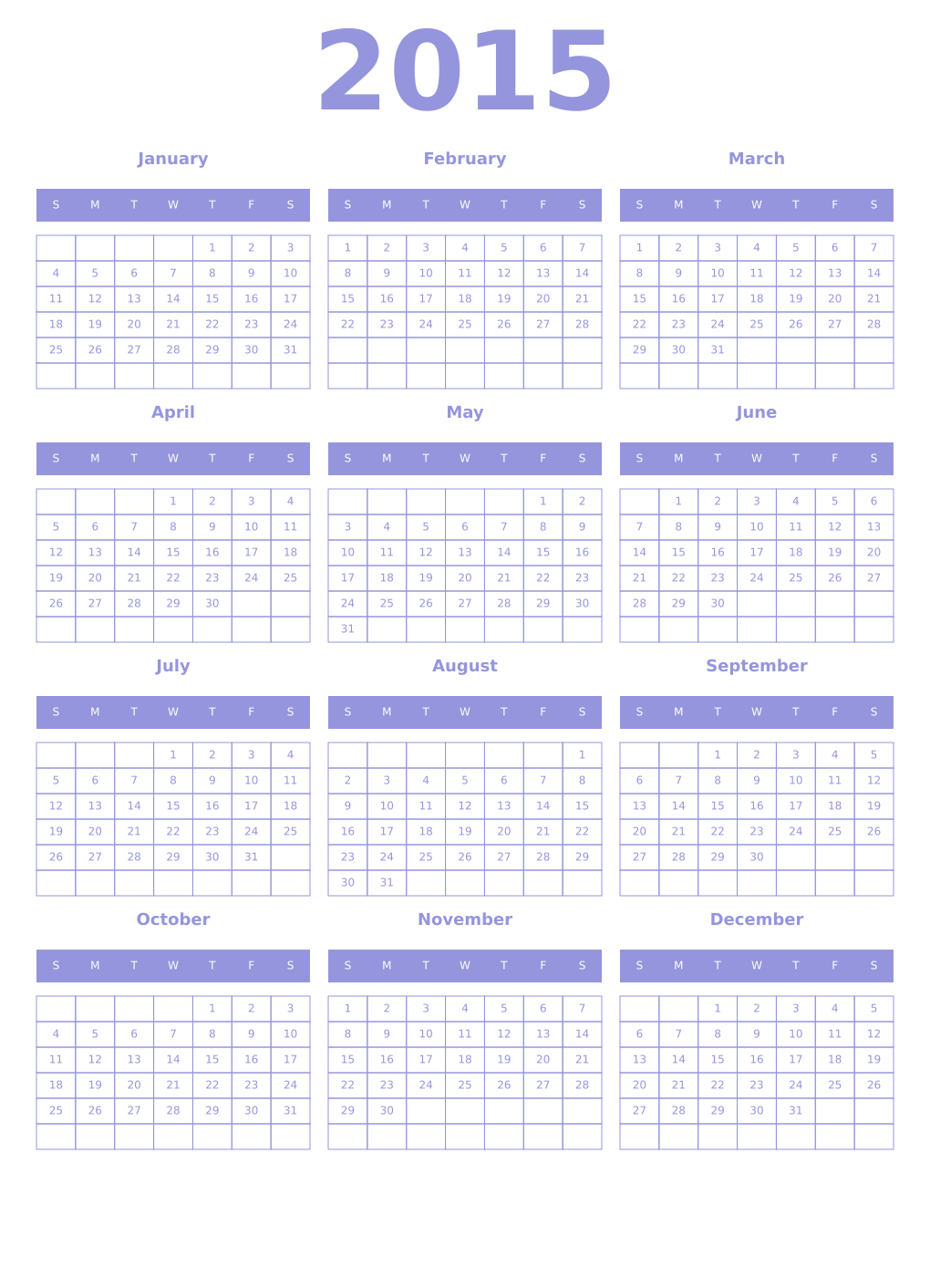 Printable 2015 Year Calendars periwinkle