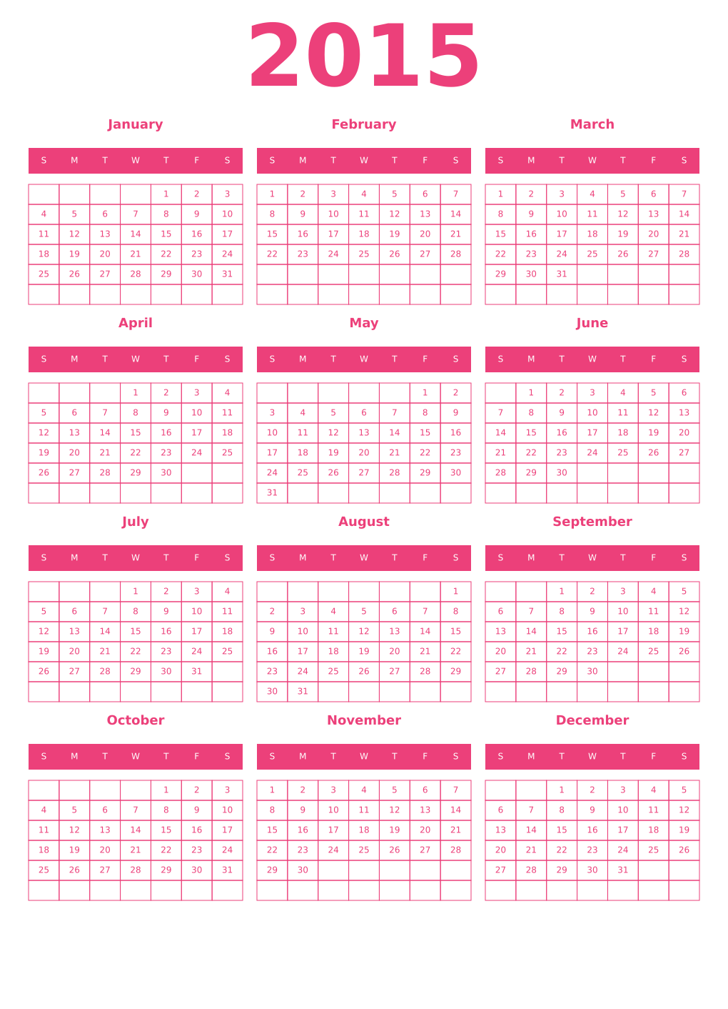 Printable 2015 Year Calendars pink