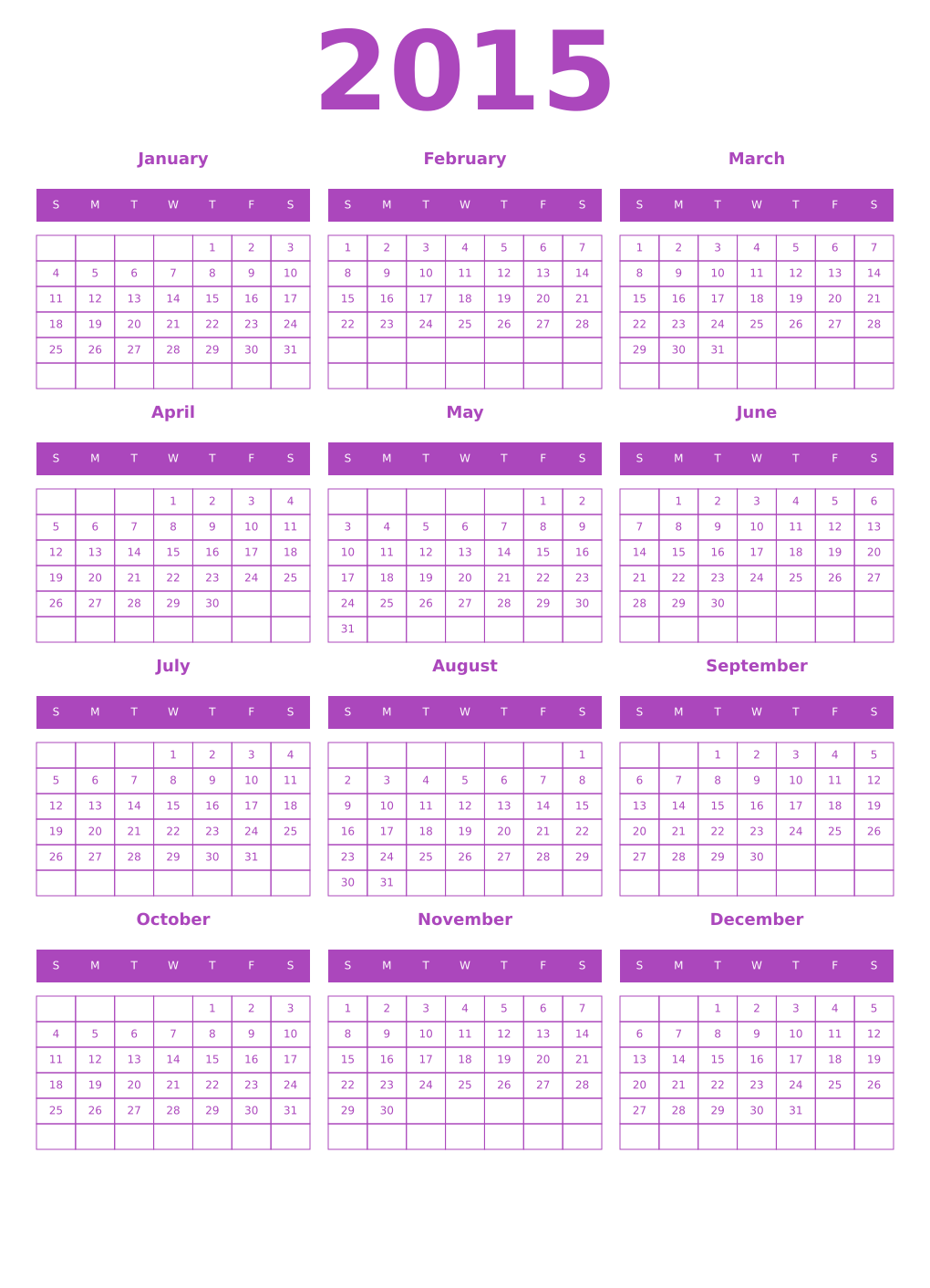 Printable 2015 Year Calendars purple
