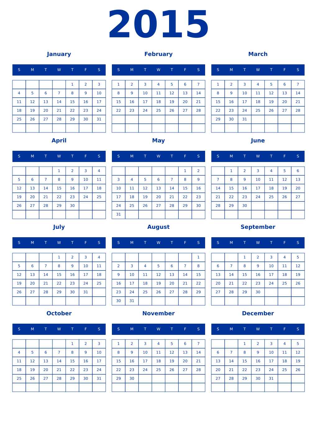 Printable 2015 Year Calendars smalt