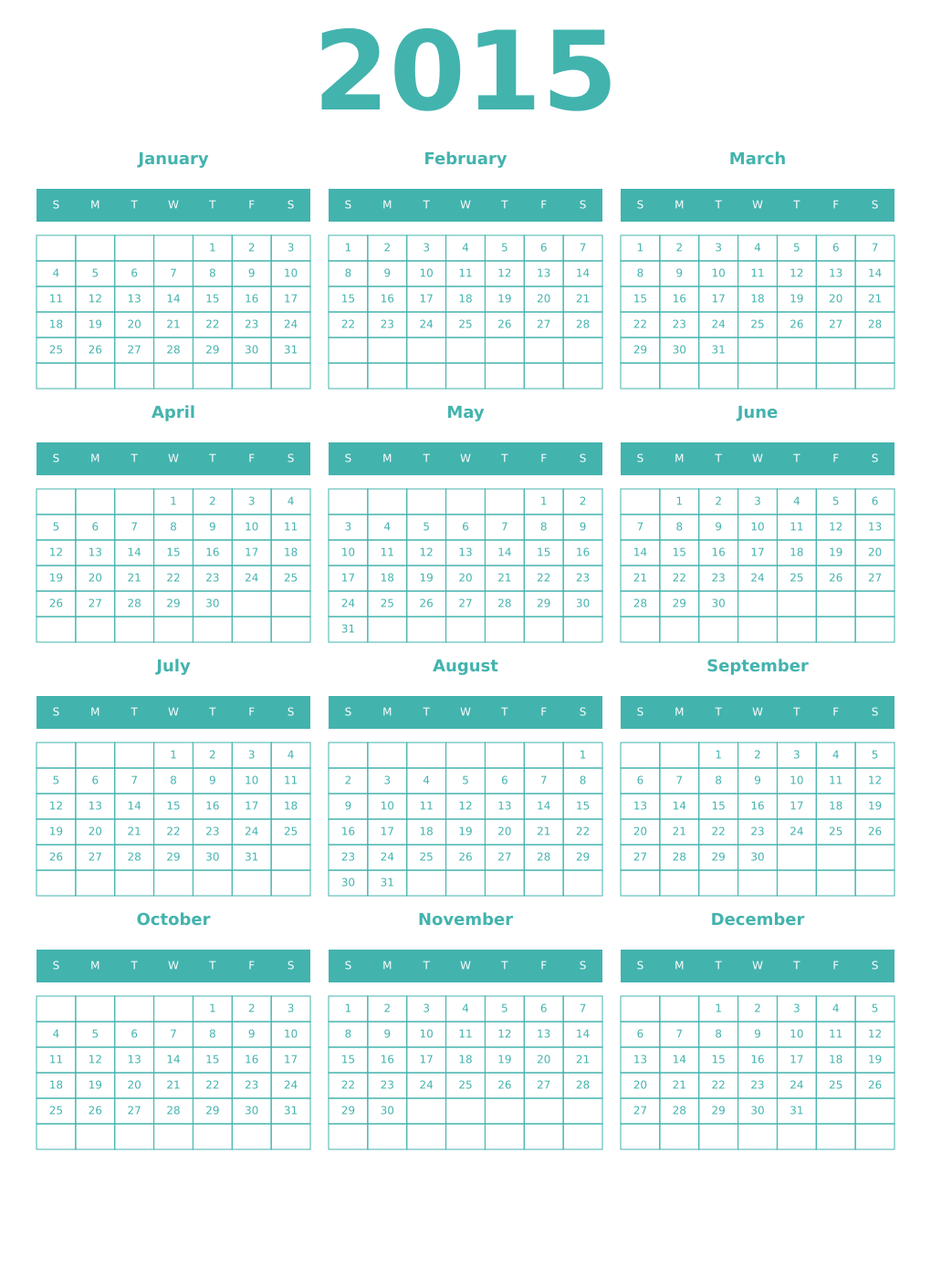 Printable 2015 Year Calendars verdigris