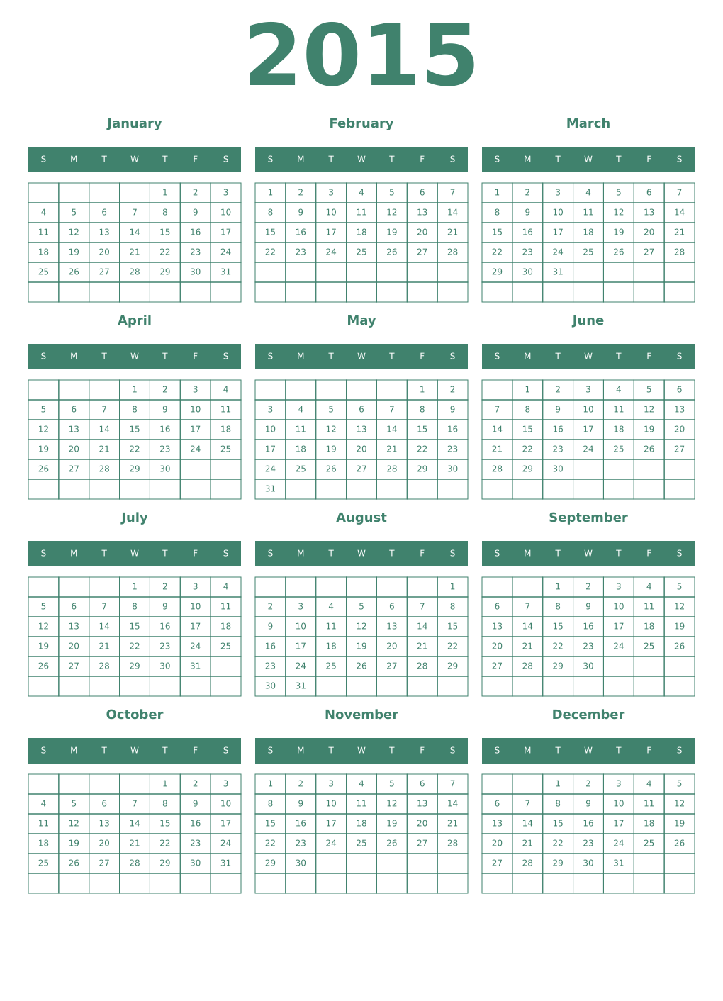 Printable 2015 Year Calendars viridian