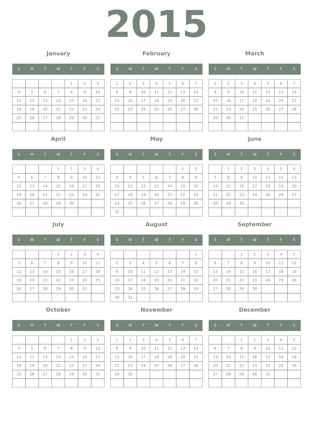 Printable 2015 Year Calendars xanadu