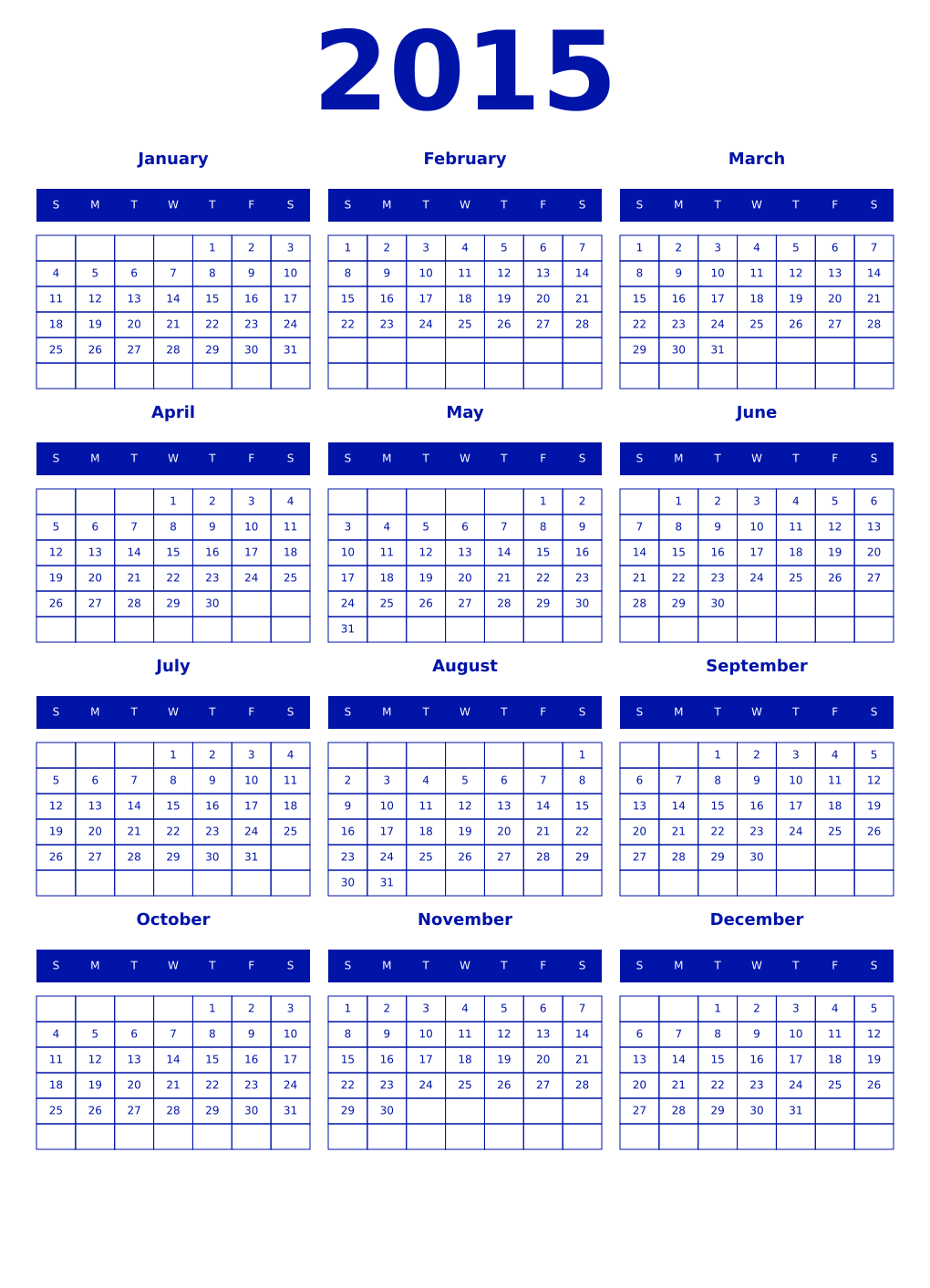 Printable 2015 Year Calendars zaffre