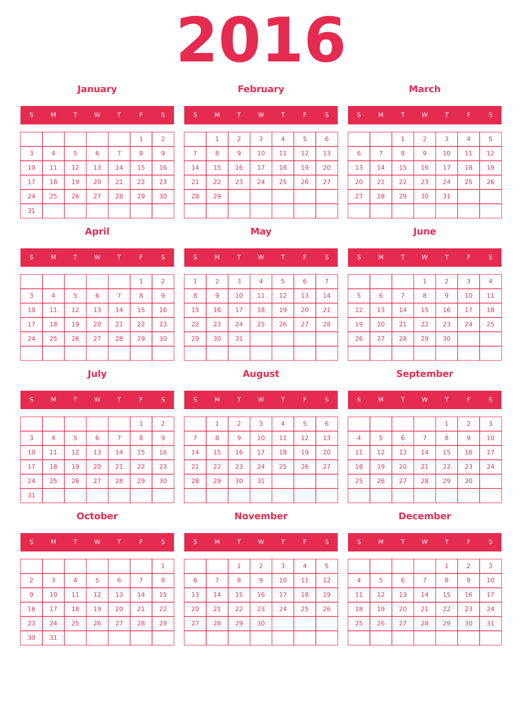 Printable 2016 Year Calendars amaranth