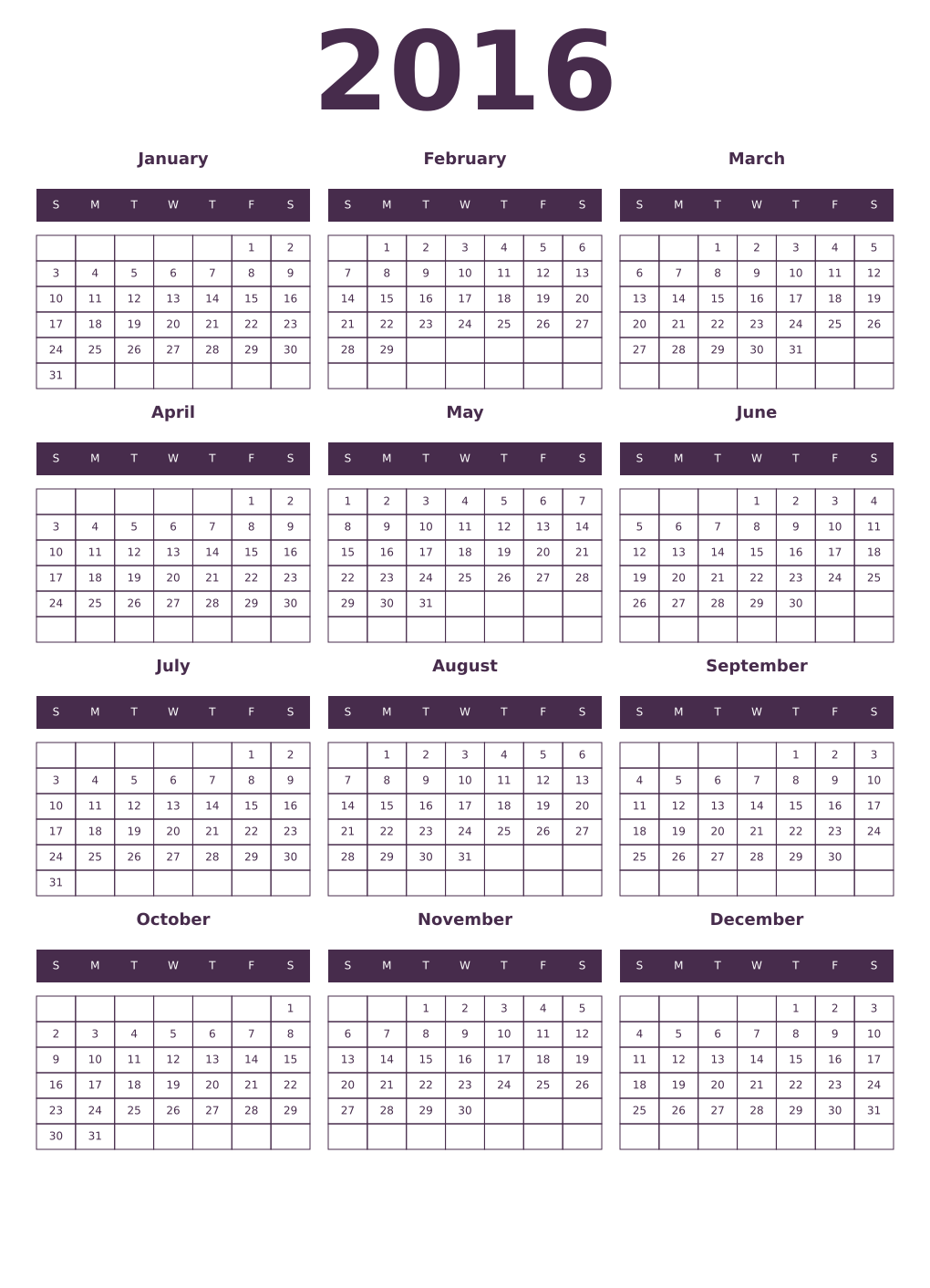 Printable 2016 Year Calendars aubergine