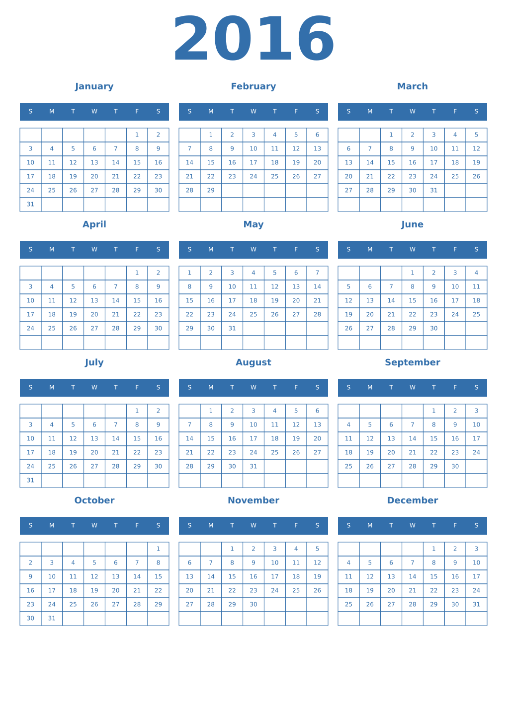 Printable 2016 Year Calendars blue