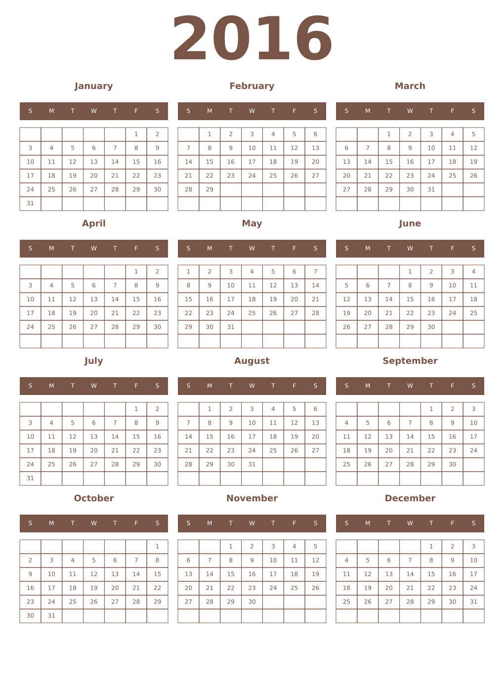 Printable 2016 Year Calendars coffe