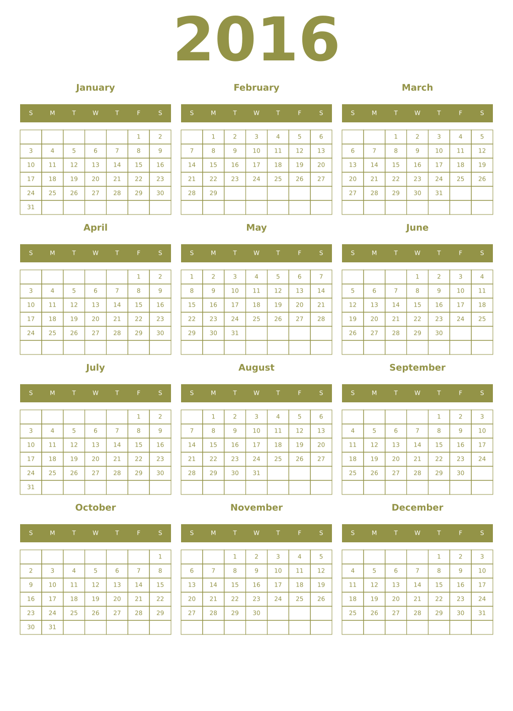 Printable 2016 Year Calendars eburnean
