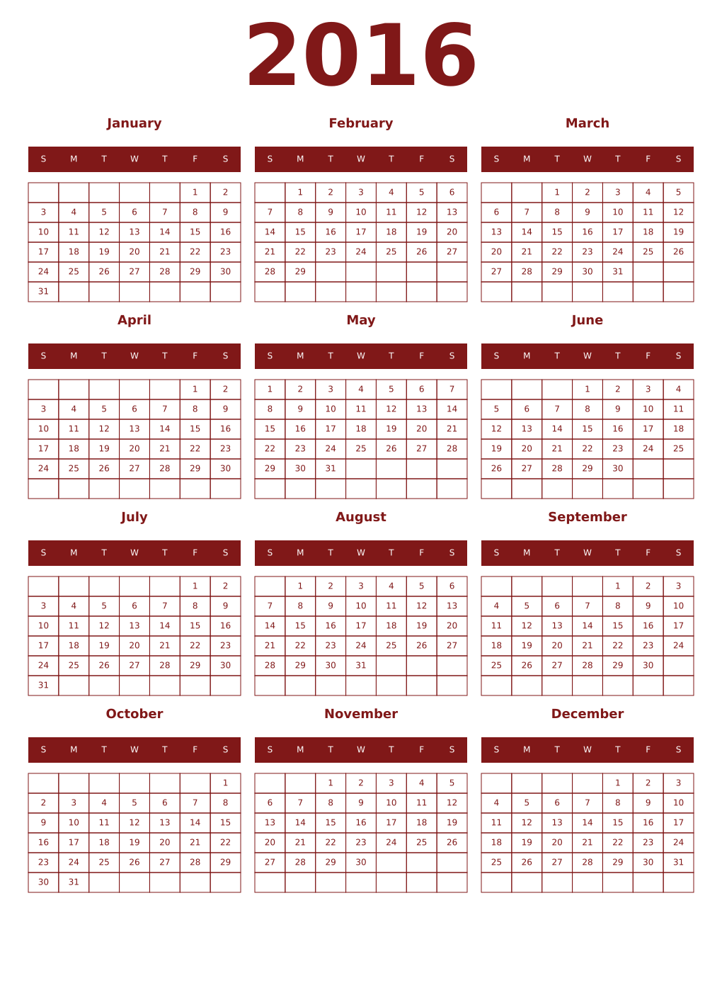 Printable 2016 Year Calendars falu