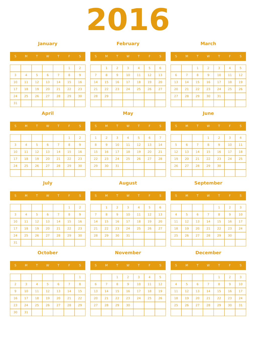 Printable 2016 Year Calendars gamboge