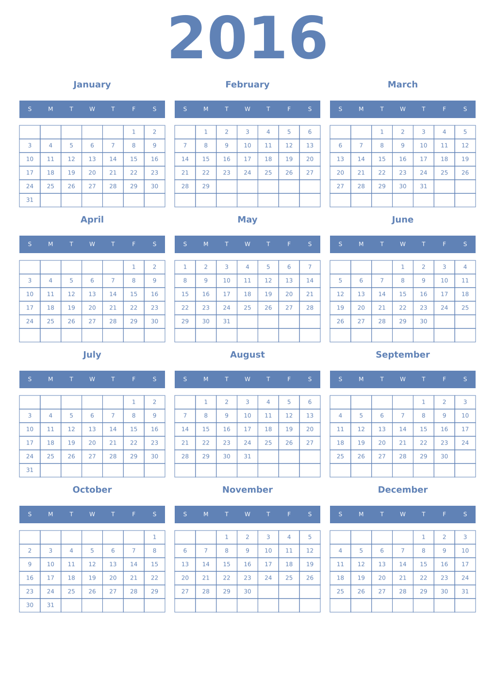 Printable 2016 Year Calendars glaucous