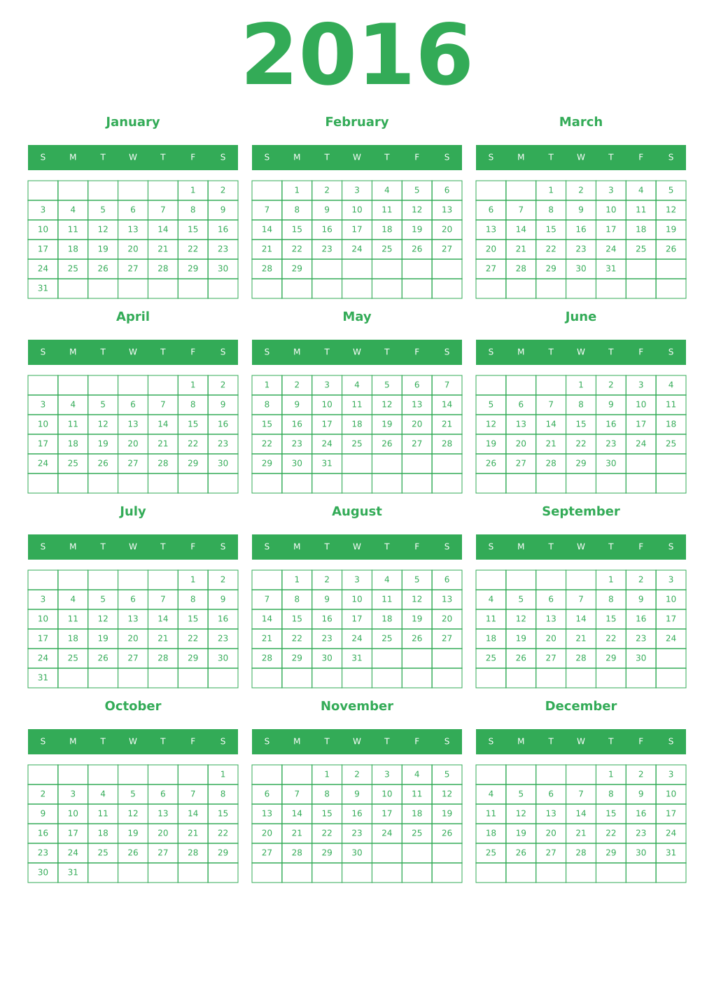 Printable 2016 Year Calendars green