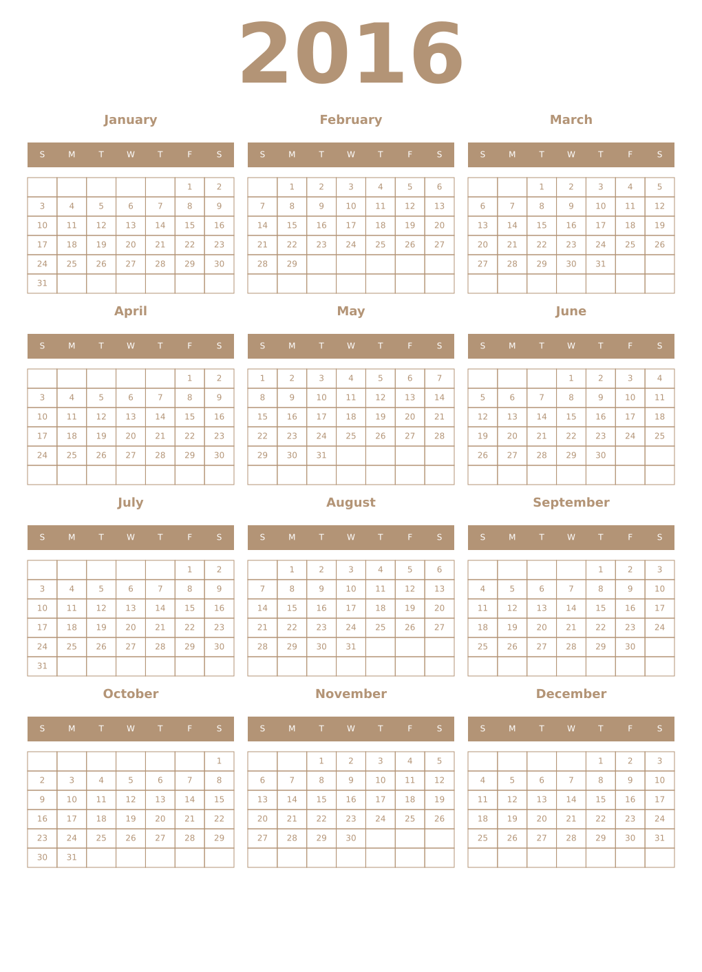 Printable 2016 Year Calendars isabelline