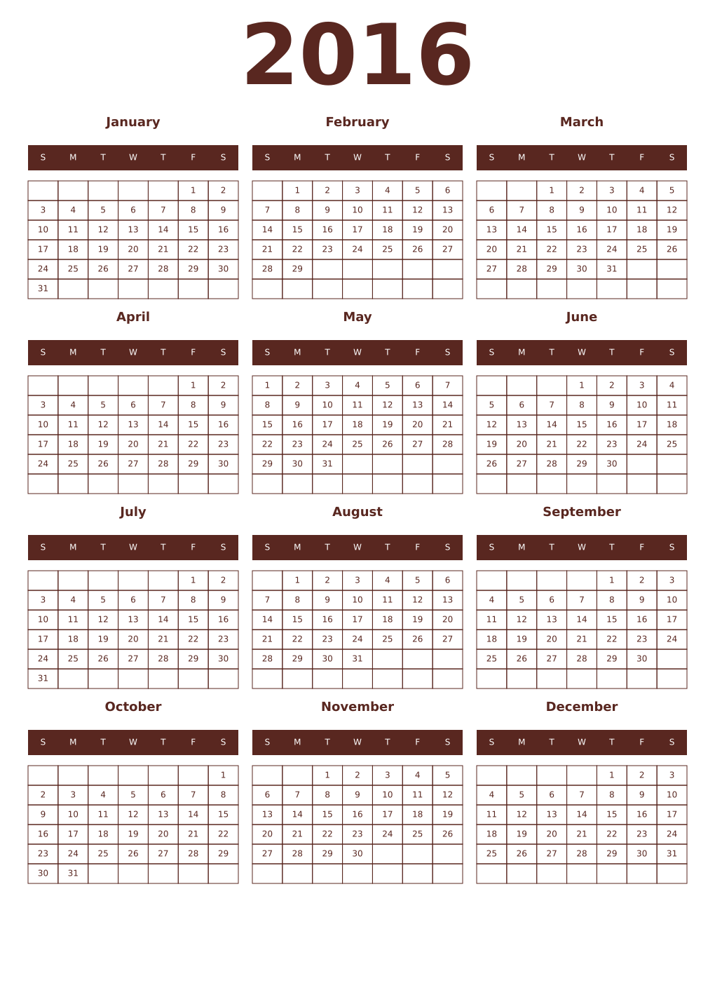 Printable 2016 Year Calendars mortuum