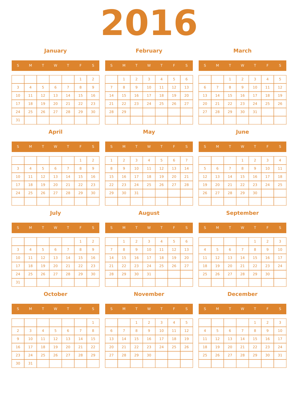 Printable 2016 Year Calendars orange