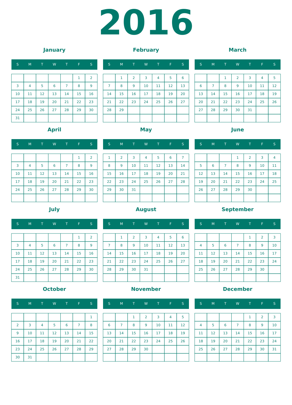 Printable 2016 Year Calendars pastel