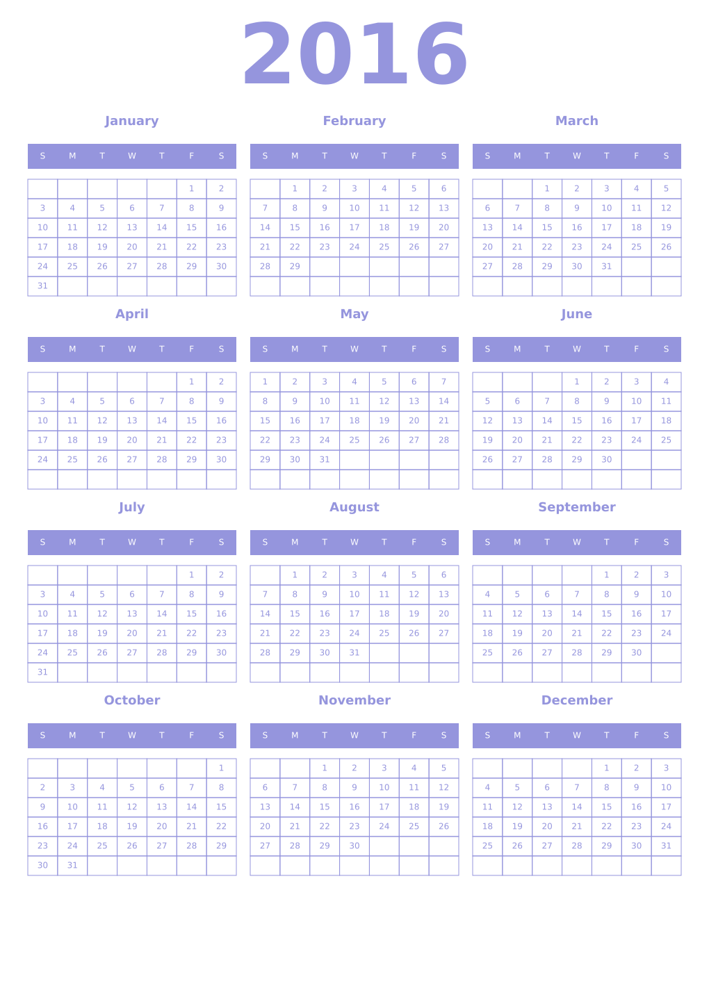 Printable 2016 Year Calendars periwinkle