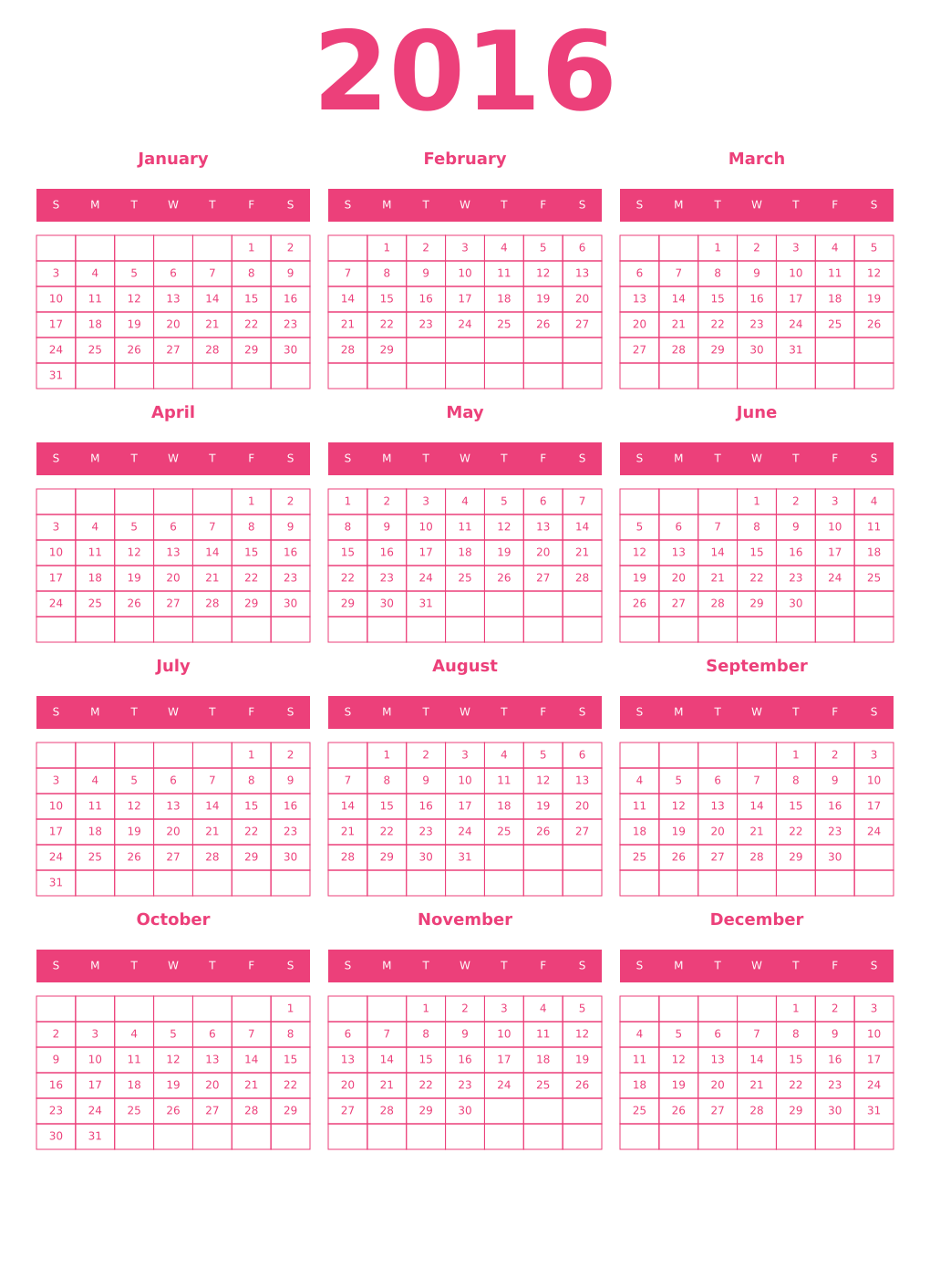 Printable 2016 Year Calendars pink