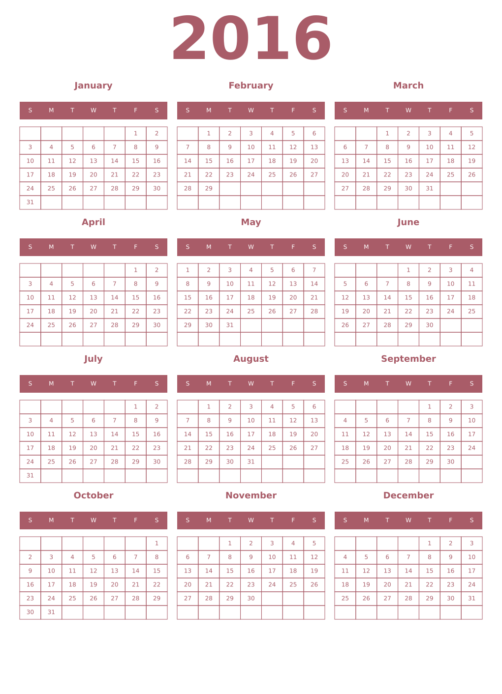 Printable 2016 Year Calendars puce