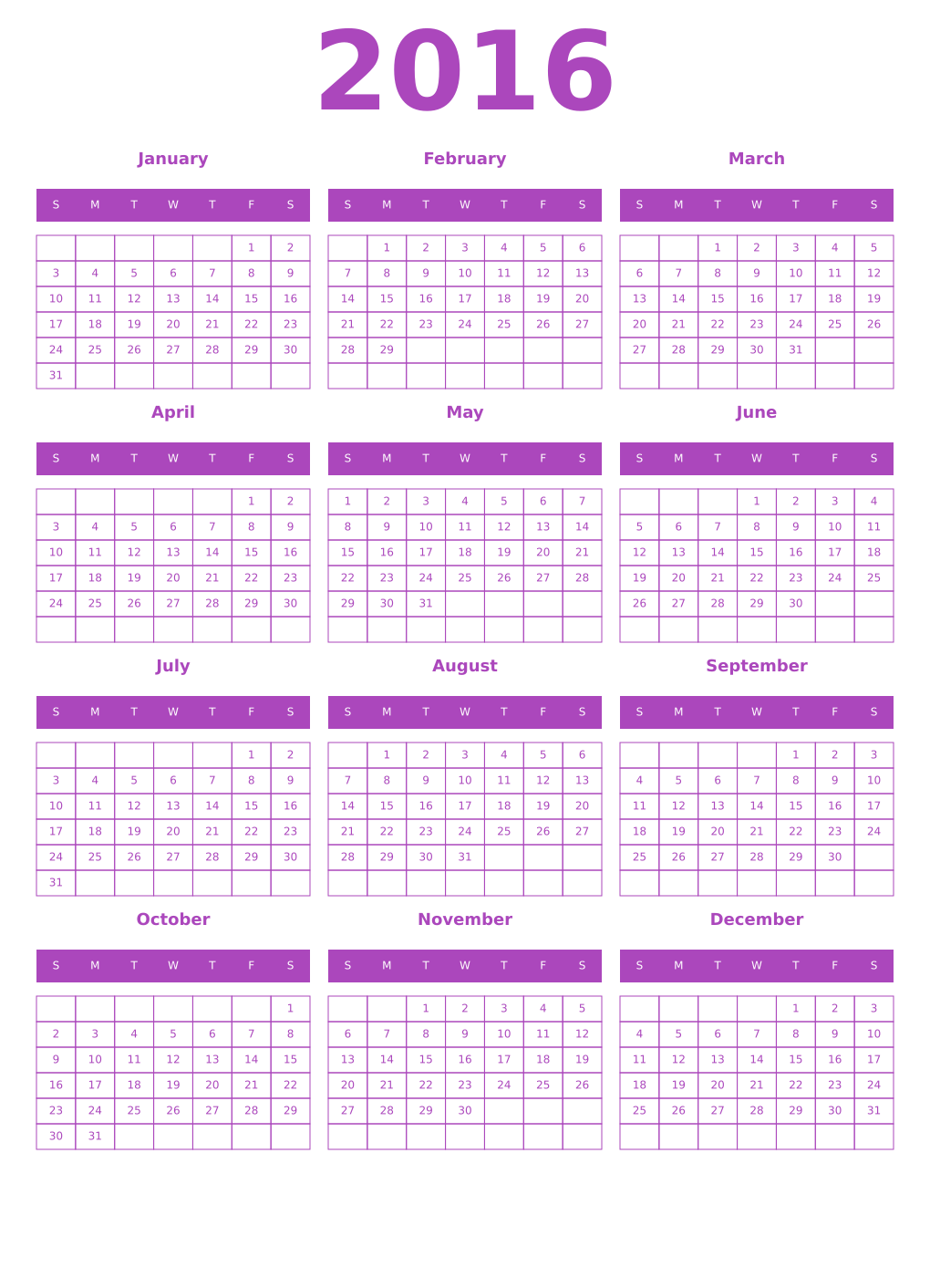 Printable 2016 Year Calendars purple