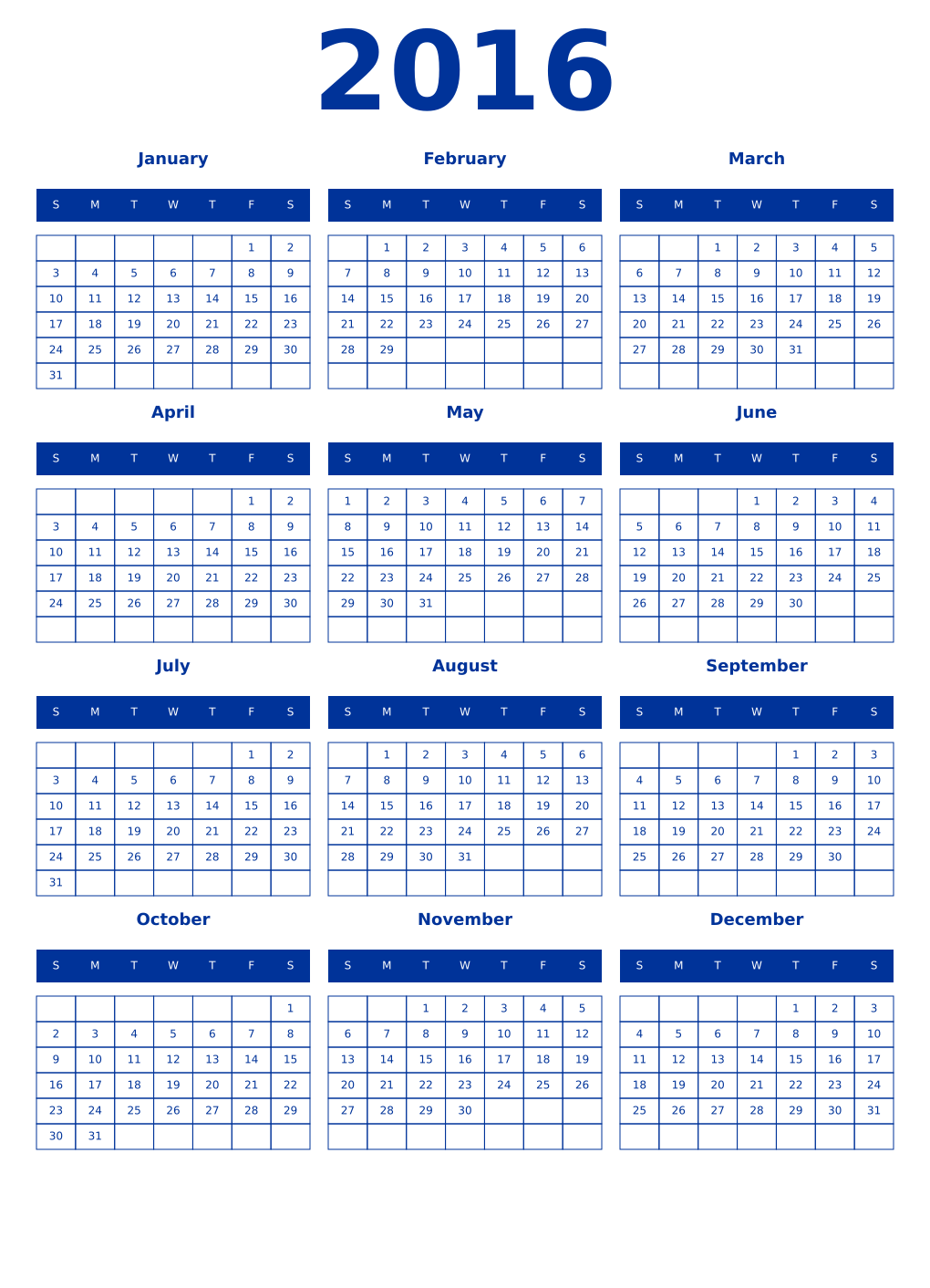 Printable 2016 Year Calendars smalt