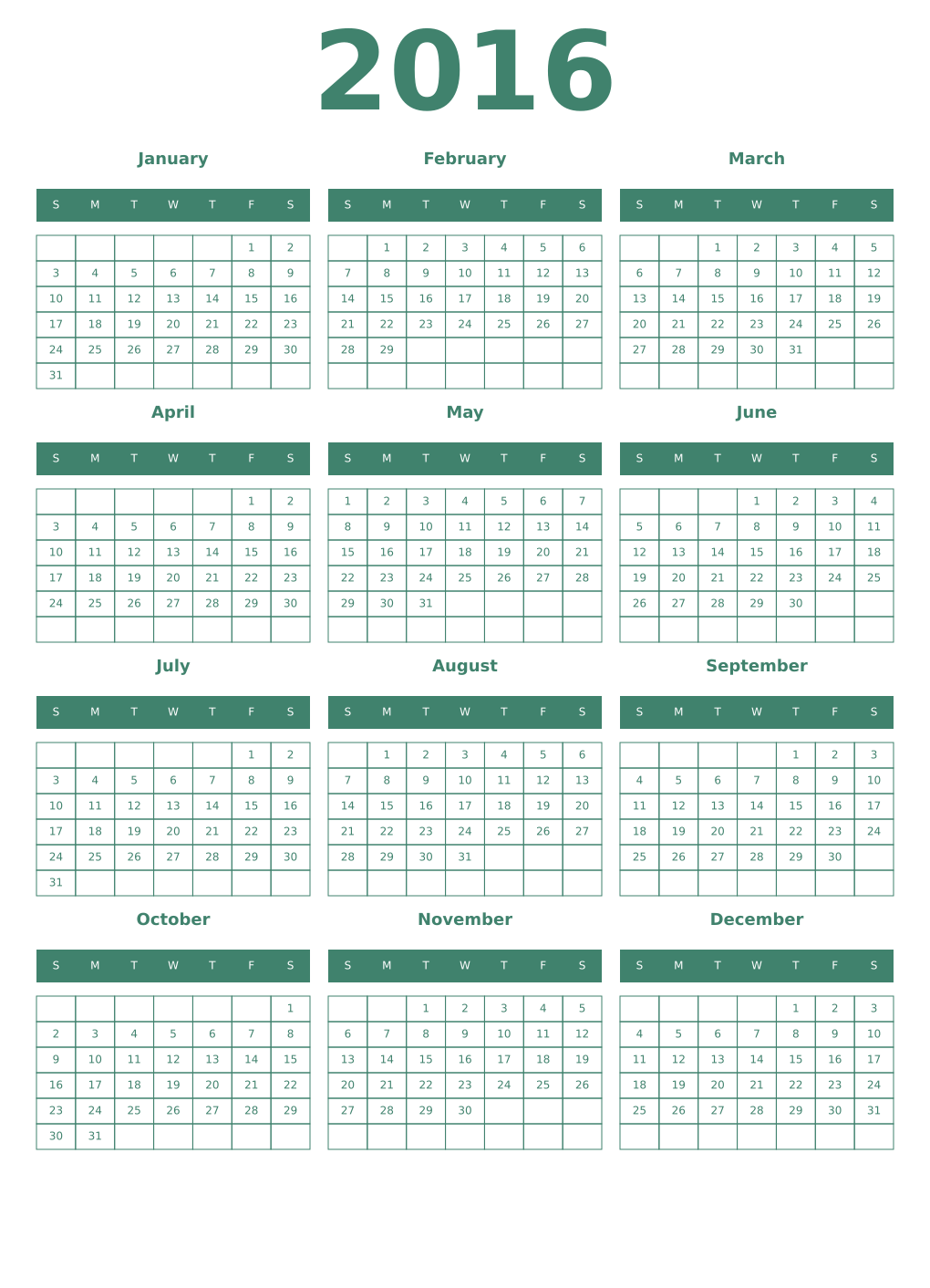 Printable 2016 Year Calendars viridian
