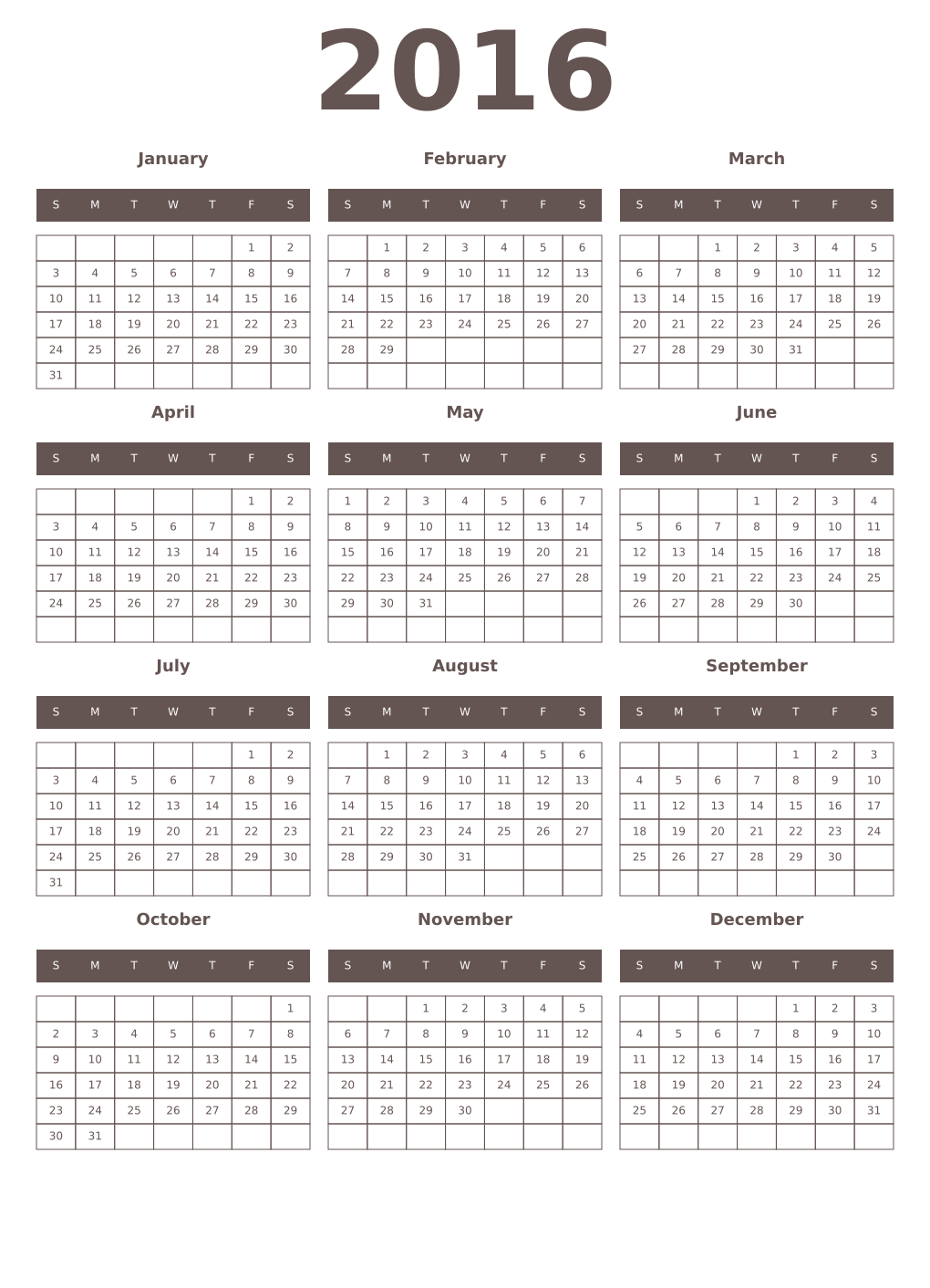 Printable 2016 Year Calendars wenge