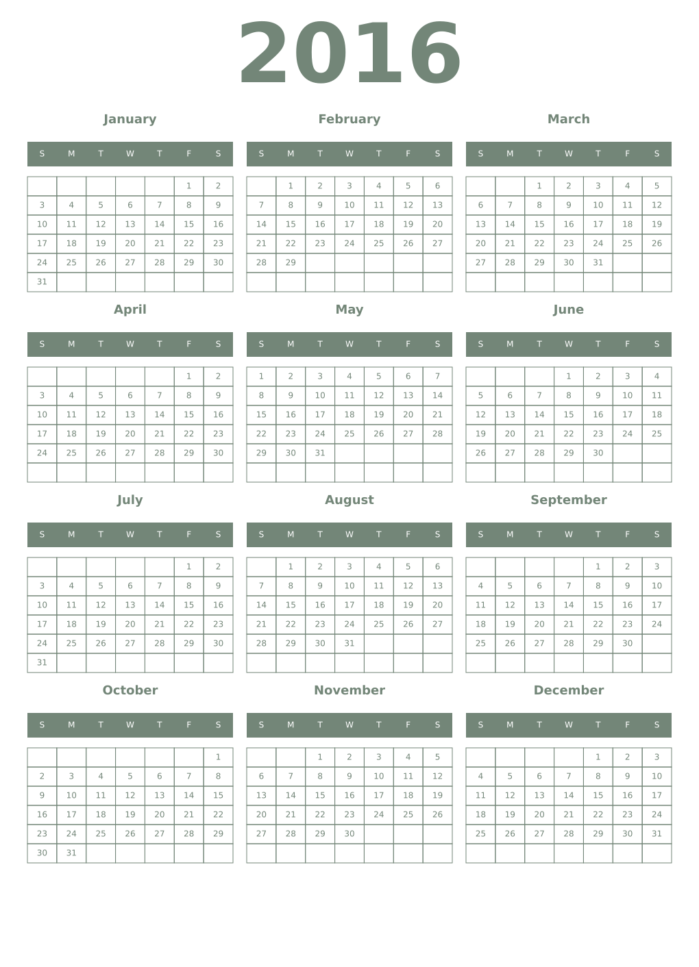 Printable 2016 Year Calendars xanadu
