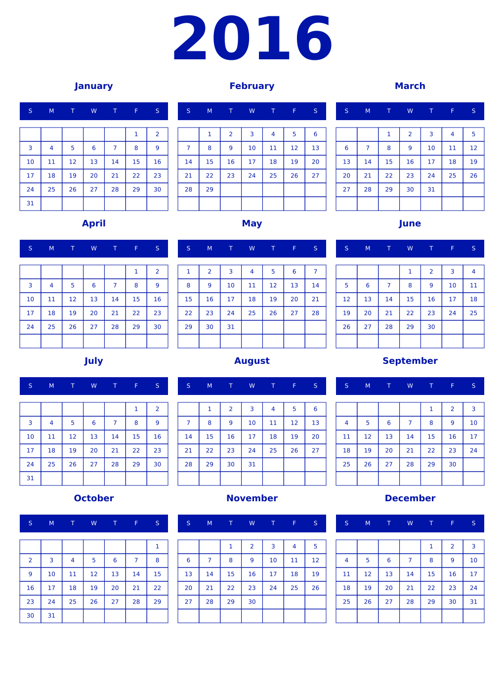 Printable 2016 Year Calendars zaffre