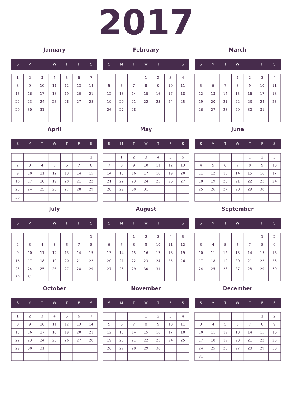 Printable 2017 Year Calendars aubergine