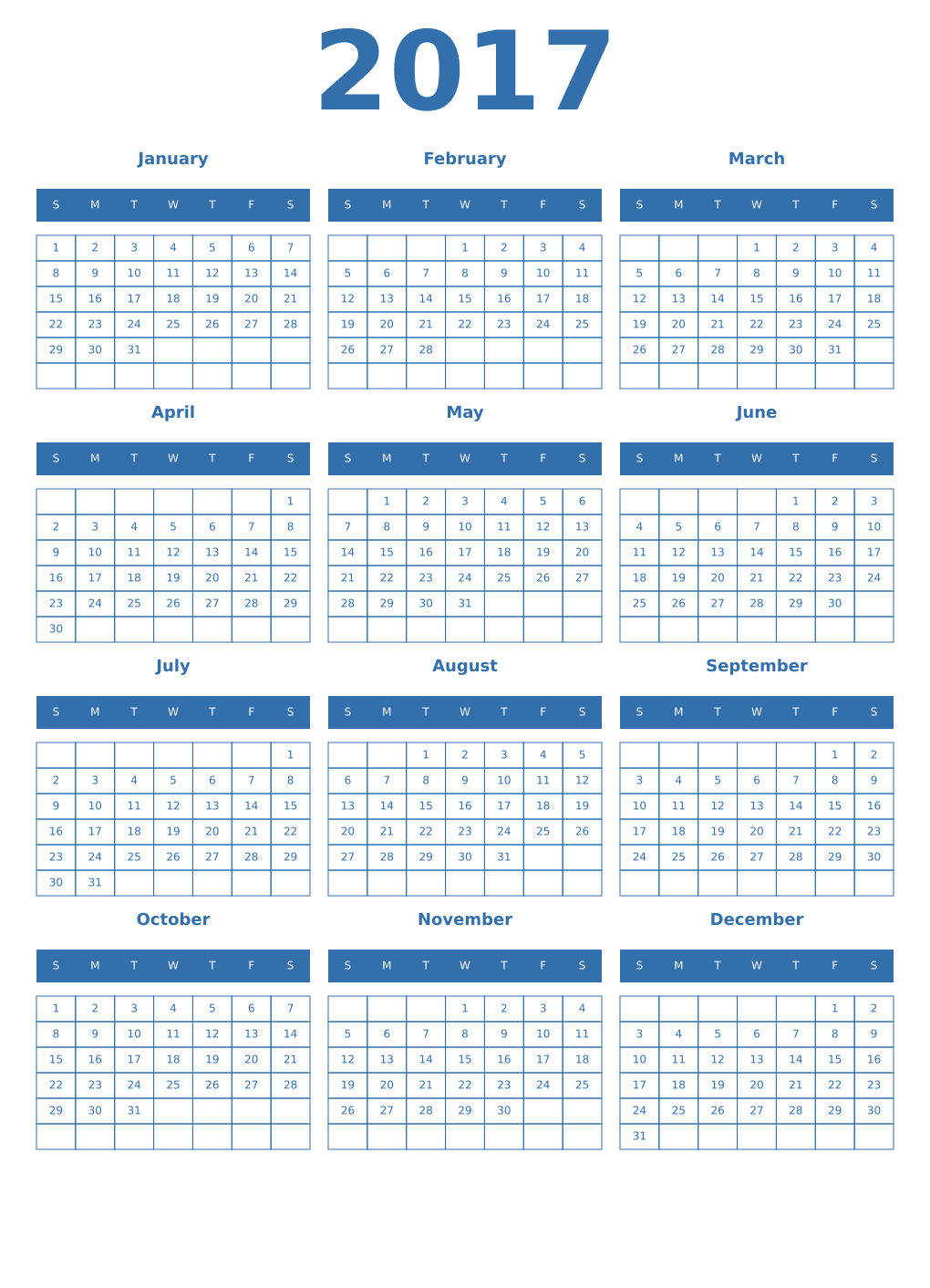Printable 2017 Year Calendars blue