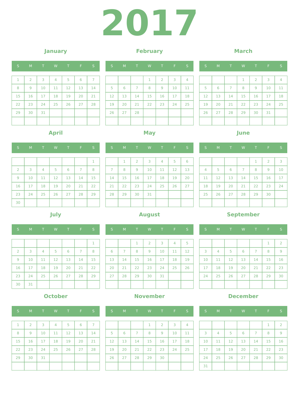Printable 2017 Year Calendars celadon
