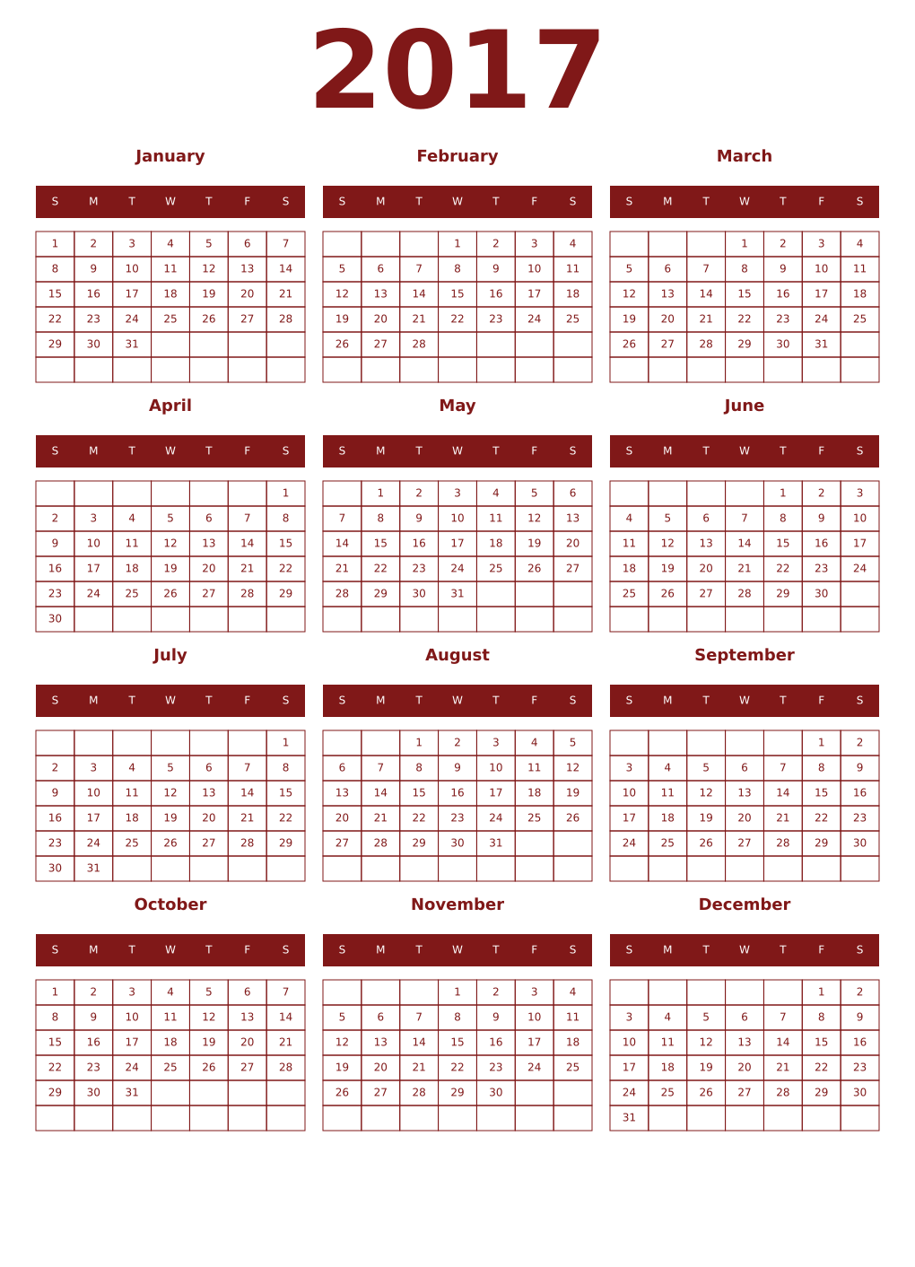 Printable 2017 Year Calendars falu