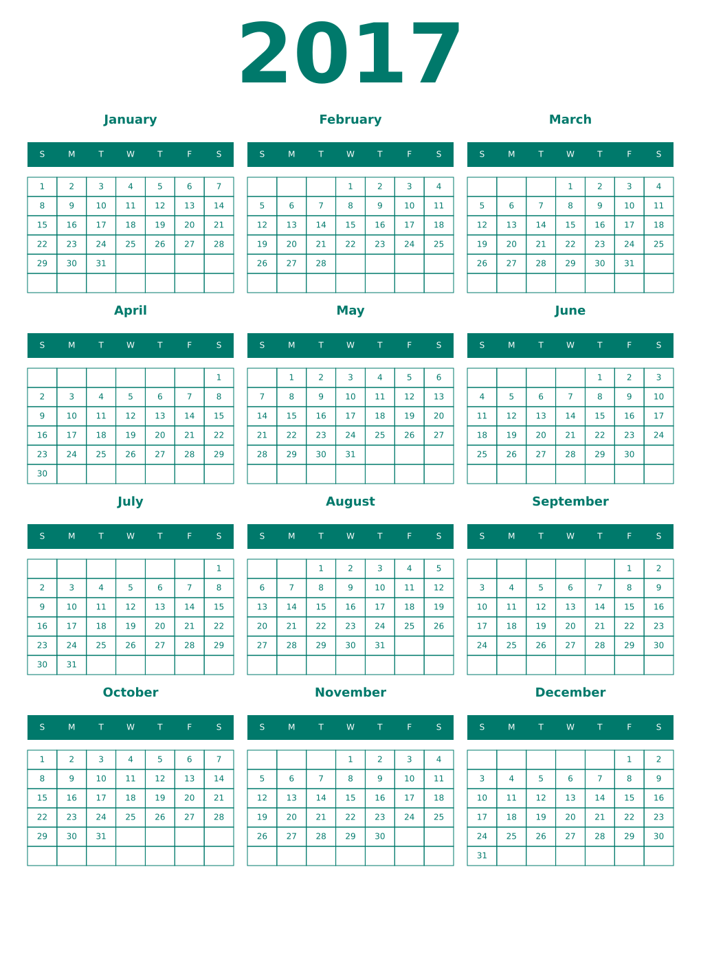 Printable 2017 Year Calendars pastel