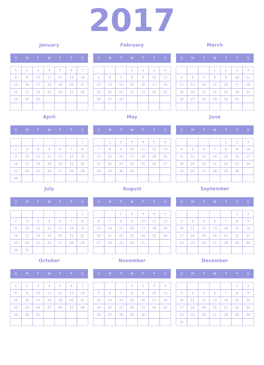 Printable 2017 Year Calendars periwinkle
