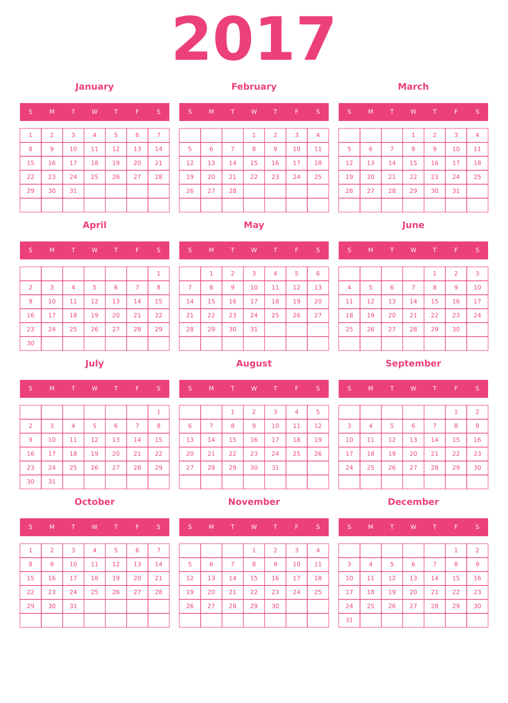 Printable 2017 Year Calendars pink