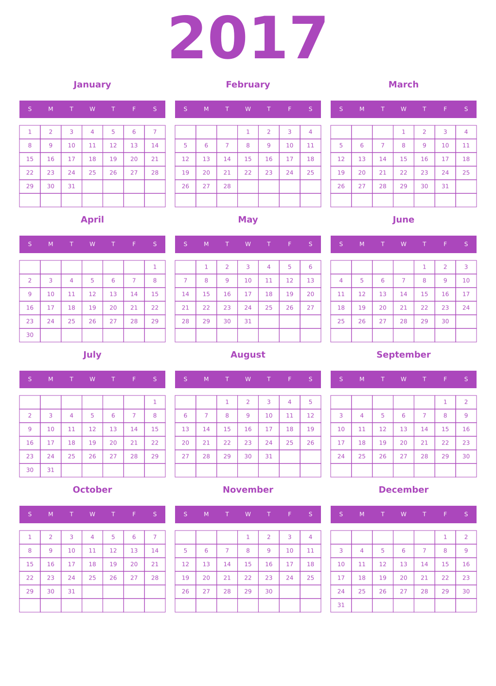 Printable 2017 Year Calendars purple